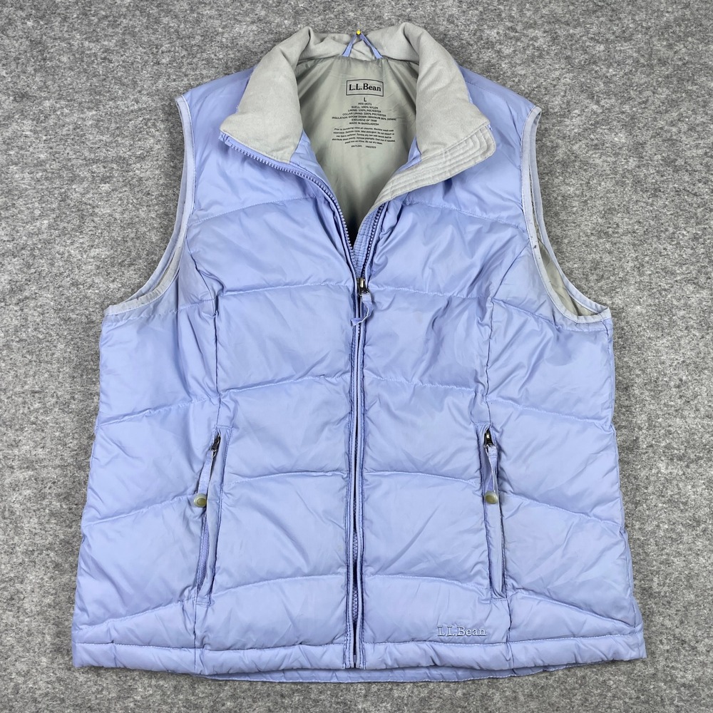 L.L. Bean Puffer Vest Womens L Purple Goose Down Full Zip Quilted Fleece Collar